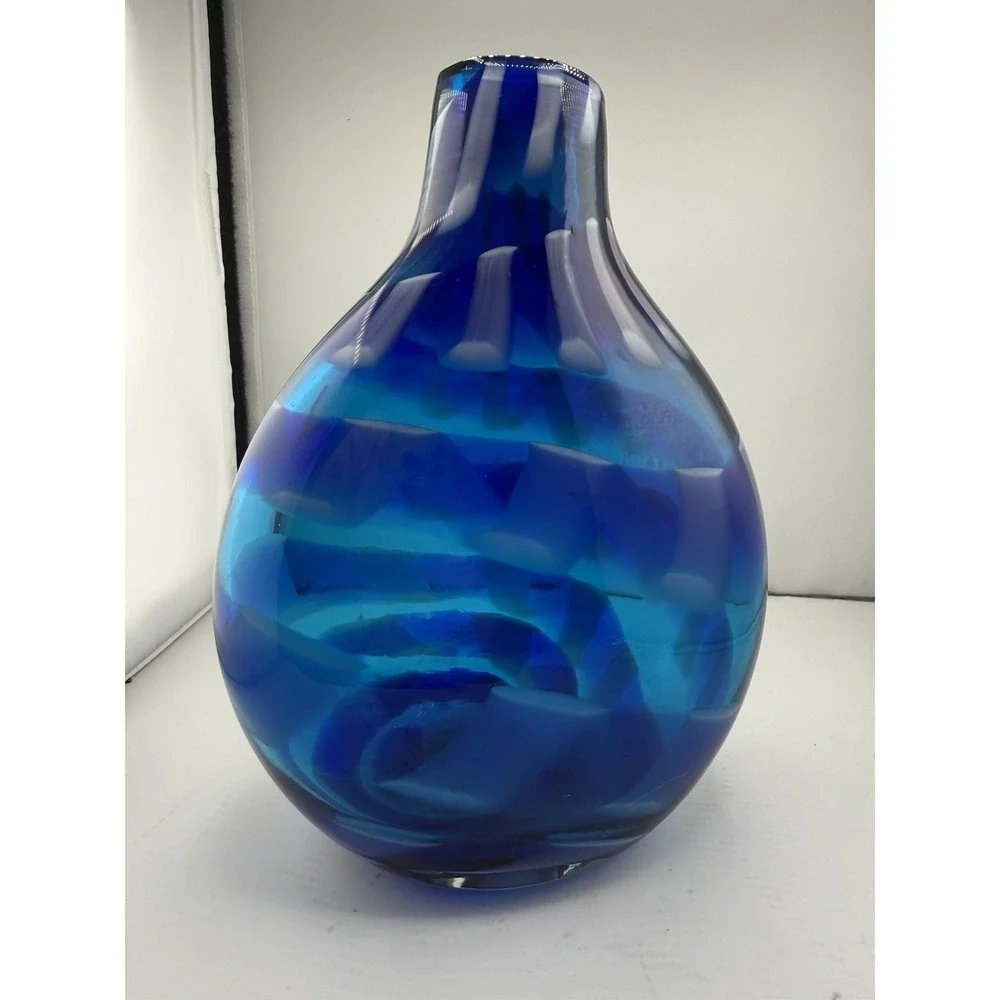 Crate & Barrel Mykonos Glass Bud Vase Hand Blown Vibrant Blue White Pattern 8.5